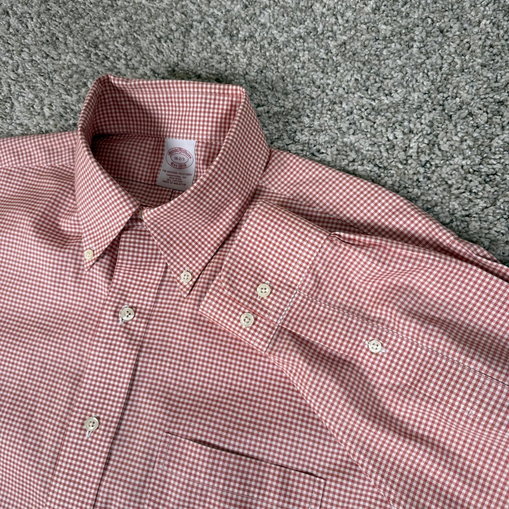 Brooks Brothers Shirt Mens 16 2/3 Orange Red Gingham Traditional Fit Button Down
